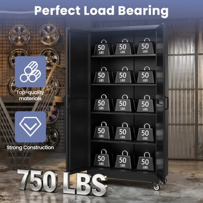 75"Metal Garage Storage Cabinets with Wheels & Adjustable 4 Shelves - color: Black, size: 74.5"H x 31.5"W x 15.7"D - B