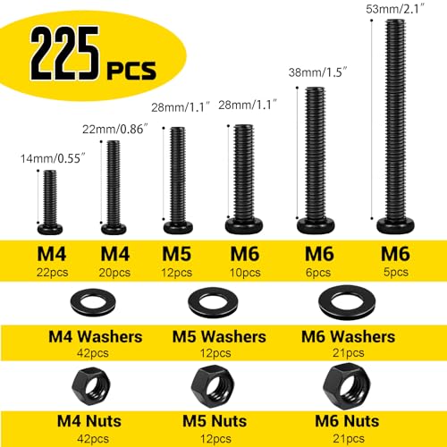 225pcs M4M5M6 Pan Head Machine Screw Assortment Kit,14/22/28/38/53 mm - size: B M4M5M6 225pcs
