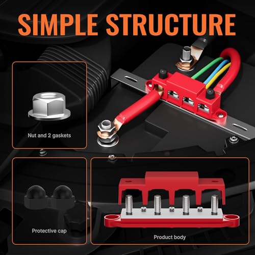 Joinfworld Bus Bar 12V 250A Power Distribution Block 4 x 3/8" Studs Marine Bus Bar 12 Volt Battery Busbar Terminal Block for Automotive, Car, Boat, Solar Wiring - Negative&Positive (Pack of 2) - size: 250A 4 x 3/8"(M10) Studs (Pack of 2)