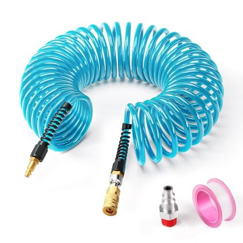 GASHER 1/4" x 25FT Reinforced Polyurethane Recoil Air Hose with Bend Restrictor, Air Hose kit With 360°Swivel 1/4" NPT Coupler, Industrial Quick Coupler and Plug - color: Blue 25FT, size: 1/4（I/M)