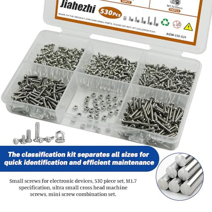530Pcs 304 Stainless Steel Metric Micro Screws Nuts Assortment, M1.7x3/4/5/6/8mm Sizes, Phillips Pan Head, Fully Threaded Kit for Arduino, RC Models, Electronics, DIY Projects - size: M1.7x3/4/5/6/8- 530 Pcs
