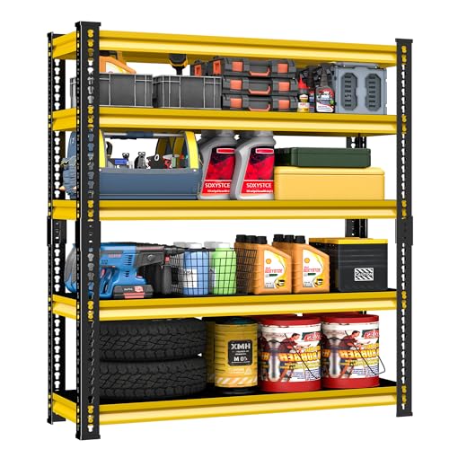 48" W Garage Storage Shelves Heavy Duty, 2800LBS Loads Adjustable Garage Shelving, 5-Tier Metal Shelving Units and Storage Racks, Industrial Utility Shelf,48''Wx18''Dx78''H, Yellow - color: Yellow, size: 48" W×18" D-5tier