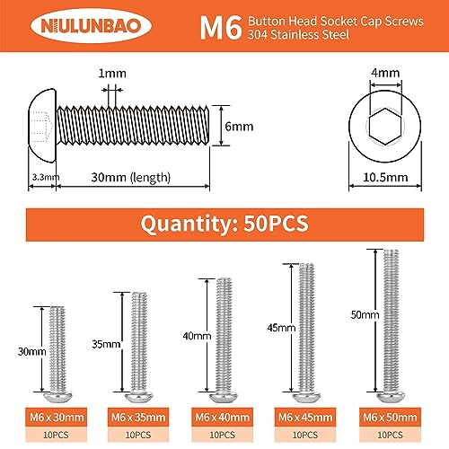 M6 x 30mm 35mm 40mm 45mm 50mm Button Head Socket Cap Screws Bolts 304 Stainless Steel Metric Allen Hex Drive, Machine Fully Threaded, Assortment Kit 50PCS - size: M6 x 30/35/40/45/50mm (50PCS)