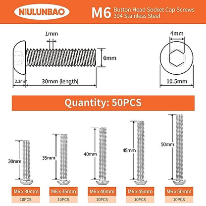 M6 x 30mm 35mm 40mm 45mm 50mm Button Head Socket Cap Screws Bolts 304 Stainless Steel Metric Allen Hex Drive, Machine Fully Threaded, Assortment Kit 50PCS - size: M6 x 30/35/40/45/50mm (50PCS)