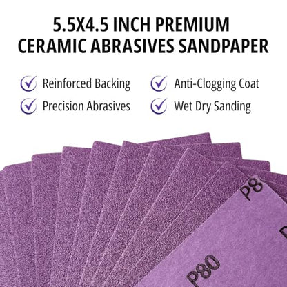 1/4 Sheet Sandpaper Assortment for Palm Sander – 50Pcs Wet/Dry Sand Paper 60/80/120/150/220 Grit, Sandpaper for Wood, Metal, Drywall, Automotive Polishing (4.5" x 5.5") Purple