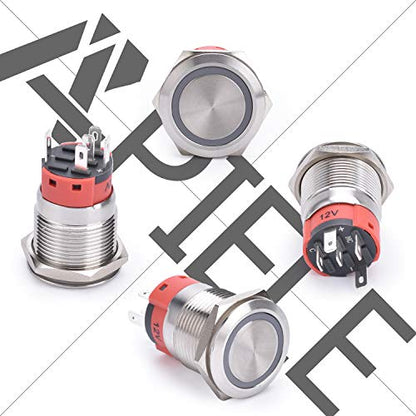 APIELE 19mm Latching Push Button Switch 12V DC Angel Eye Halo Ring LED Metal 0.74" 1NO1NC SPDT with Wire Socket Plug (Yellow) - color: Silver Shell-Yellow, size: Silver Shell