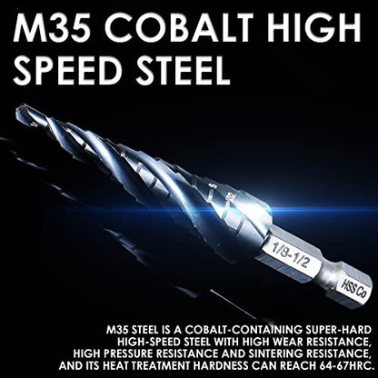 Matework M35 Cobalt Step Drill Bit, Four Spiral Flute Unibit Step Drill Bit (1/8"-1/2") Wear-Resistant TiAlN Coated, 1/4" Hex Shank for Metal, Carbon Steel, Stainless Steel, Wood, Plastic (13 Size) - size: 1/8"-1/2"