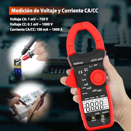 Kethvoz 570T-APP Digital Clamp Meter, 4000 Counts Bluetooth Multimeter, 1000A AC/DC Amp Voltage Tester, Measures Ohms, Capacitance, Frequency, Temperature, Diode, Continuity Test with Data Logging