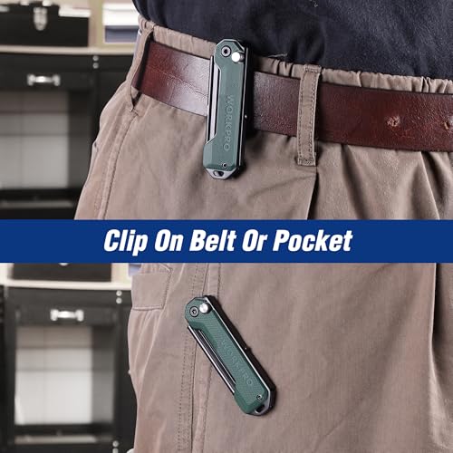 WORKPRO EDC Folding Utility Knife, Mini Box Cutter with Quick Open Axis Lock, Quick Change Blade Razor Knife, Foldable Small Pocket Knife with Belt Clip - color: Green-g10