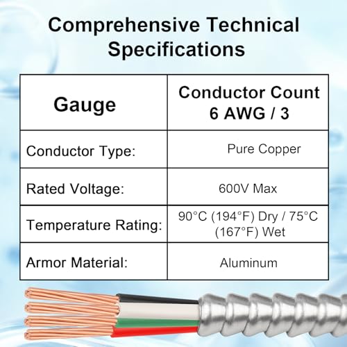 XRDS -RF 6 AWG/3 MC Cable with Ground 15FT, 6/3 Stranded Copper Conductors with Solid Ground Wire, Flexible Aluminum Armor, THHN 8/3 Electrical Wire for EV Chargers and Sub-Panels - size: 15FT