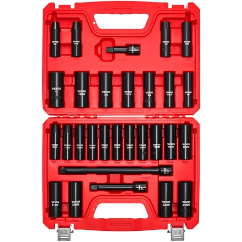 VEVOR 1/2" Drive Impact Socket Set, 29-Piece Deep Sockets - size: 1/2" 29PCS