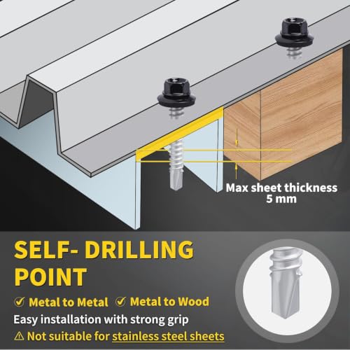 Metal Roofing Screws #12 x 1-1/2", 300 PCS, FIXLINK Baking Paint Hex Head Rubber Washer Sheet Metal Roof Screws Self Drilling Metal to Wood Siding Screws, Hex Socket Included, Black - color: Black, size: #12 x 1-1/2"