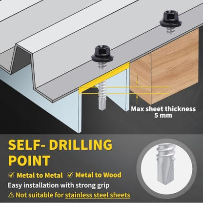 Metal Roofing Screws #12 x 1-1/2", 300 PCS, FIXLINK Baking Paint Hex Head Rubber Washer Sheet Metal Roof Screws Self Drilling Metal to Wood Siding Screws, Hex Socket Included, Black - color: Black, size: #12 x 1-1/2"