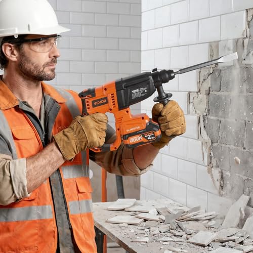 VEVOR Rotary Hammer Drill, 7/8 in SDS-Plus Cordless, 20V Battery Powered Rotary Hammer, Brushless, Including Battery, Charger, 3 Drill Bits, Flat Chisel, Pointed Chisel, Carrying Case, for Concrete - size: 7/8 in