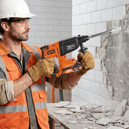 VEVOR Rotary Hammer Drill, 7/8 in SDS-Plus Cordless, 20V Battery Powered Rotary Hammer, Brushless, Including Battery, Charger, 3 Drill Bits, Flat Chisel, Pointed Chisel, Carrying Case, for Concrete - size: 7/8 in