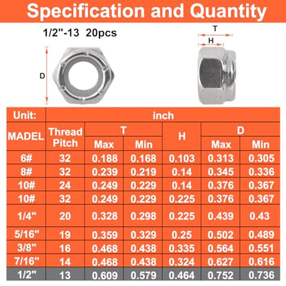 1/2-13 Locknuts - 20Pcs Nylon Insert Lock Nuts,304 Stainless Steel - size: 1/2-13(20 pack), style: SAE