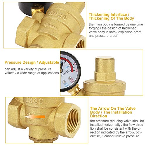 Water Pressure Regulator, Adjustable Brass Valve with Flow Meter Pressure Reducing Valve 3/4 Inch DN20 Thread for Homeowners Plumbers Residential Commercial Water Systems