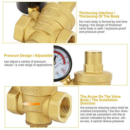 Water Pressure Regulator, Adjustable Brass Valve with Flow Meter Pressure Reducing Valve 3/4 Inch DN20 Thread for Homeowners Plumbers Residential Commercial Water Systems
