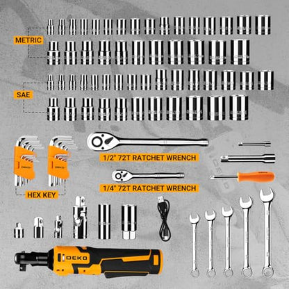 DEKOPRO Cordless Ratchet Wrenches Set：1/4", 3/8", 1/2" Impact Sockets Set, 74Pcs 3/8'' Electric Ratchet Wrench Tool Kit with Adjustable Speed, LED Light for Battery
