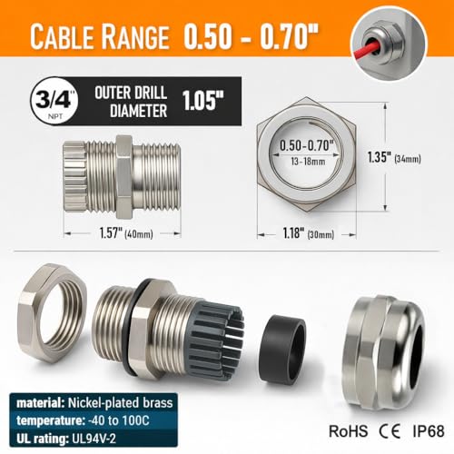 MGI SpeedWare 3/4" NPT Brass Cable Gland, Metal Cord Grip Strain Relief (2-Pack) - size: 3/4" NPT