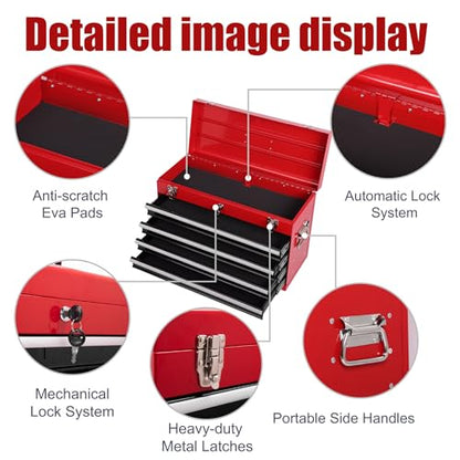 Heavy Duty Metal Tool Box, 21-inch, Portable Metal Tool Box with 4 Drawers, Small Tool Chest with EVA Liners, Ball Bearing Slide Drawers Locking & Powder Coated Finish, Multi-Function Tool Organizer - color: Tool Box-black&red