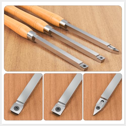3PCS Carbide Wood Lathe Turning Tools Set, Wood Handle Pen Turning Tools with 3 Extra Replacement Inserts, Rougher Detailer Finisher for Small Bowls, Goblets, Knobs and Woodworking Projects