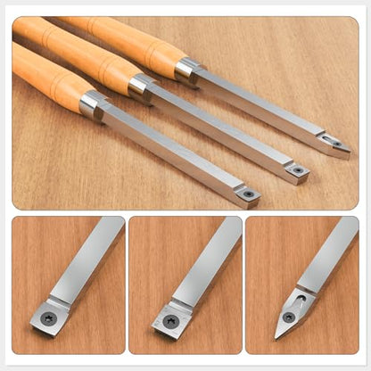 3PCS Carbide Wood Lathe Turning Tools Set, Wood Handle Pen Turning Tools with 3 Extra Replacement Inserts, Rougher Detailer Finisher for Small Bowls, Goblets, Knobs and Woodworking Projects