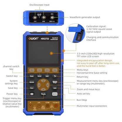 Handheld Lab Oscilloscope Multimeter, 2 Channels, 70MHz Bandwidth, 250MSa/s Sampling Rate, 20000 Counts, 3 in 1 Portable Digital Automotive Oscilloscope, Voltage, Current, Capacitor HDS272S - style: HDS272S