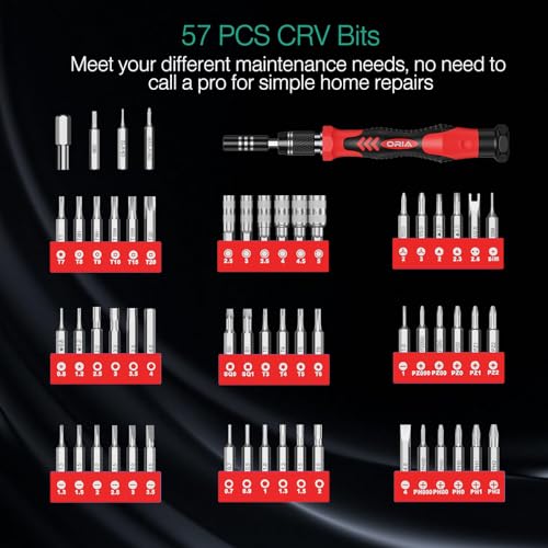 ORIA Precision Screwdriver Kit, Mini Screwdriver Set, 61 in 1 with 57 Bits Repair Tools with Flexible Shaft, Extension Rod for Mobile Phone, Smartphone, Tablet, PC, Red - color: Red