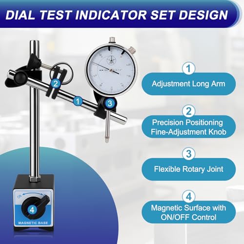 Dial Indicator with Magnetic Base, 0-1"×0.001" Magnetic Dial Indicator Set with 360° Rotatable Arm, Dial Test Indicator with 22 Point Set for Precision Measurement in Workshops, Labs, and Mold Making