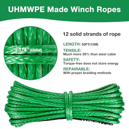 1/4" Synthetic Winch Rope 50 ft 10,000 lb UHMWPE Winch Cable Replacement Kit with Steel Hook, Aluminum Fairlead, Rubber Stopper, Protective Sleeve, Compatible with ATV UTV Truck Winches, Green - color: Green, size: 1/4 In x 50 Ft Upgraded
