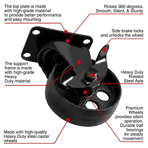 FactorDuty 4" Metal Swivel Plate Caster Wheels, Combo 2 Brake & 2 No Brake - size: 4" Combo