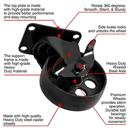 FactorDuty 4" Metal Swivel Plate Caster Wheels, Combo 2 Brake & 2 No Brake - size: 4" Combo