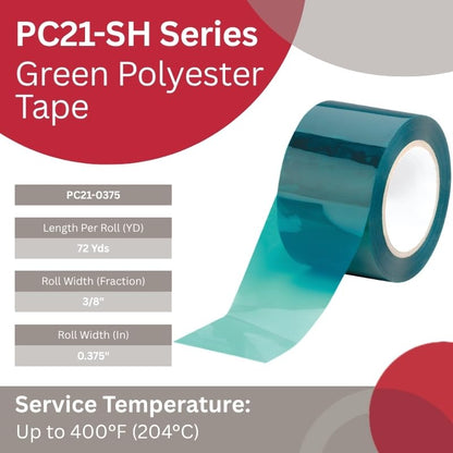 Caplugs PC21-0375 PC21-SH Series – 2 Mil Thick Green Polyester Tape, 1 Roll 3/8" W x 72 Yds L, High Temperature Masking Up to 400°F (204° C), Powder Coating, E-Coating, Anodizing (SH-47521) - size: 3/8" W