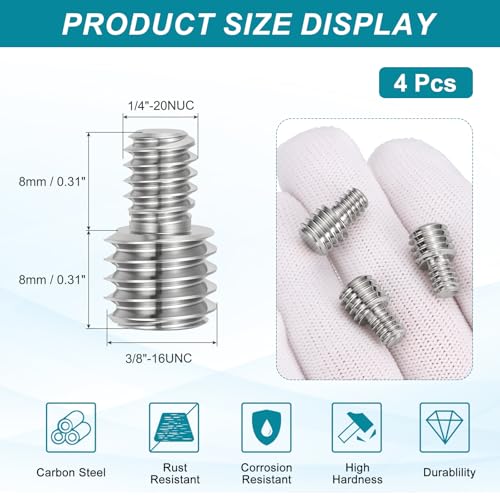 PATIKIL 1/4"-20 to 3/8"-16UNC Double End Threaded Stud Screw Bolt, 4 Pack Carbon Steel Rod Bolts Thread Reducer Adapter for Camera Furniture Hardware, 16mm Long