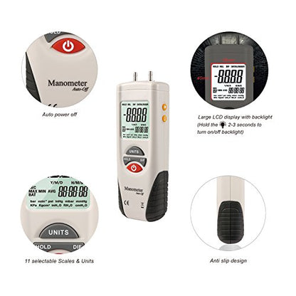 Digital Manometer, Dual Port Air Pressure Meter Pressure Gauge HVAC Gas Tester, Large LCD Display with Backlight, Basic - style: Basic
