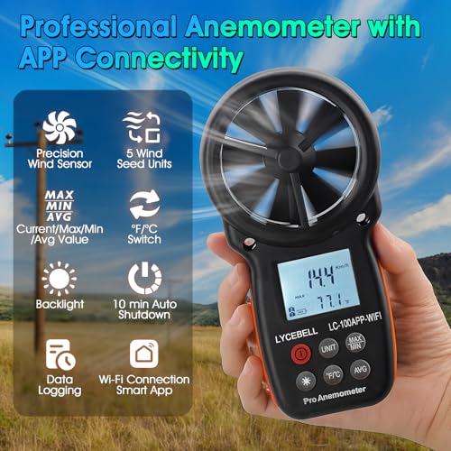 WiFi Anemometer Handheld, Digital HVAC Outdoor Wind Meter with Samrt APP