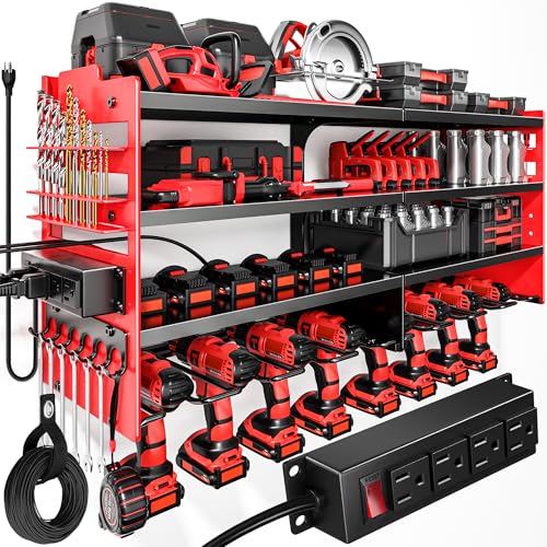 POKIPO Large Power Tool Organizer Wall Mount with Charging Station,4 Layer Heavy Duty Metal Tool Storage Shelf Loads 600lbs,Battery Utility Rack With 4 Outlet Power Strip with 8 Cordless Drill Holder - color: Red, size: Large