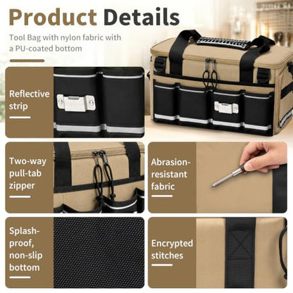 14-Inch Heavy Duty Tool Bag, 17 Pocket Tool Box Organizer - color: Khaki