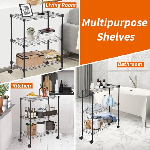 Meet perfect 3-Tier Wire Shelving Unit with Wheels, Black - color: Black, size: 3-Tier, 31.3"H × 23"W × 13"D
