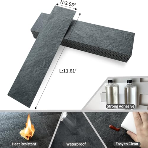 AULIGET 40-Piece Black Slate Peel and Stick Backsplash Wall Tiles, 3" x 12" PVC Faux Stone Stick on Tiles for Backsplash Kitchen, Bathroom, Laundry Room, Camper, Fireplace - color: Black Slate, size: 40 Pieces, 3"x12"x0.12"