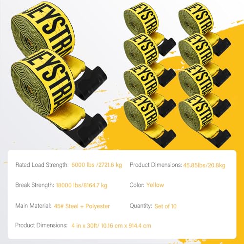 Yellow 4 Inch x 30 FT Heavy Duty Tie Down Straps - High Visibility Flatbed Trailer Straps with Flat Hooks, 6000 lbs Working Load / 18000 lbs Break Strength, 10-Pack for Truck & Cargo Securement - color: Yellow