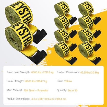 Yellow 4 Inch x 30 FT Heavy Duty Tie Down Straps - High Visibility Flatbed Trailer Straps with Flat Hooks, 6000 lbs Working Load / 18000 lbs Break Strength, 10-Pack for Truck & Cargo Securement - color: Yellow