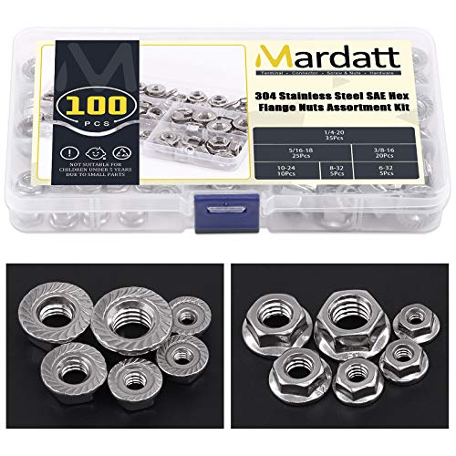 100pcs 6 Sizes SAE 304 Stainless Steel Serrated Hex Flange Nuts Assortment Kit 1/4-20 5/16-18 3/8-16 10-24 8-32 6-32