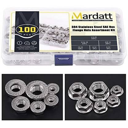 100pcs 6 Sizes SAE 304 Stainless Steel Serrated Hex Flange Nuts Assortment Kit 1/4-20 5/16-18 3/8-16 10-24 8-32 6-32