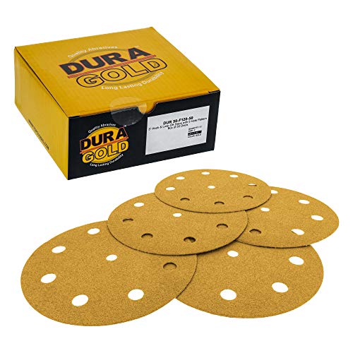 Dura-Gold 5" Gold Sanding Discs, 120 Grit, Box of 50, 9 Hole Pattern, H & L - size: 120-Grit