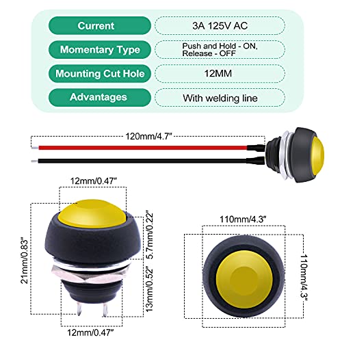 Twidec/6Pcs 12mm Momentary Push Button Switch 1/2" Mounting Hole On Off Mini Round Waterproof Yellow with Pre-soldered Wires PBS-33B-Y-X - color: Yellow-12mm, size: Momentary