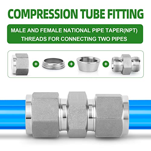 TAISHER 2PCS Forging of 304 Stainless Steel Compression Tube Pipe Fitting Connector(Thread Silver Plated), 5/16" Tube OD x 5/16" Tube OD Straight Adapter - size: 5/16" OD, style: OD x OD
