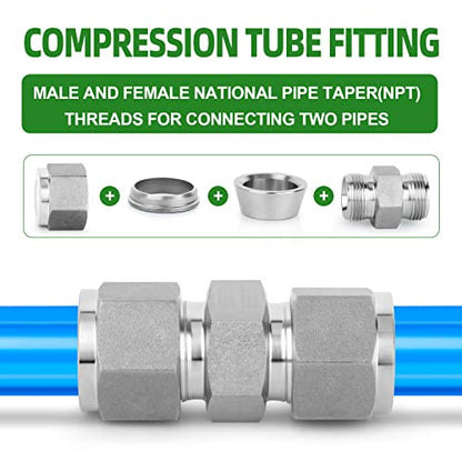 TAISHER 2PCS Forging of 304 Stainless Steel Compression Tube Pipe Fitting Connector(Thread Silver Plated), 5/16" Tube OD x 5/16" Tube OD Straight Adapter - size: 5/16" OD, style: OD x OD