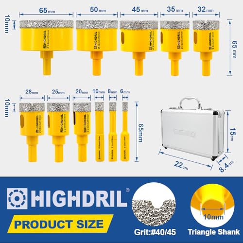 HIGHDRIL 11Pcs Diamond Hole Saw Kit - 1/4", 5/16", 3/8", 4/5", 1", 1-1/8", 1-1/4", 1-3/8", 1-3/4", 2", 2-1/2" Drill Bits for Tile Porcelain Ceramic Granite Marble - size: Shank Set1
